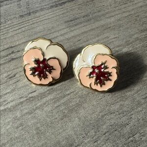 Vintage Avon Pansy Flower Earrings, Gold Tone, Enamel Red, Pink, Cream